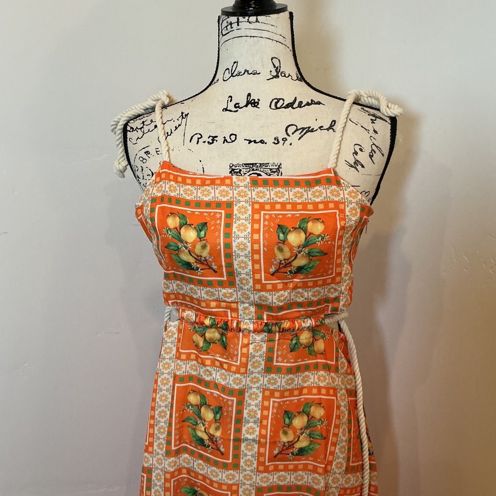 Unbranded Maxi Dress Orange Lemon Print Rope Straps Cut Out Back Small - Picture 3 of 9